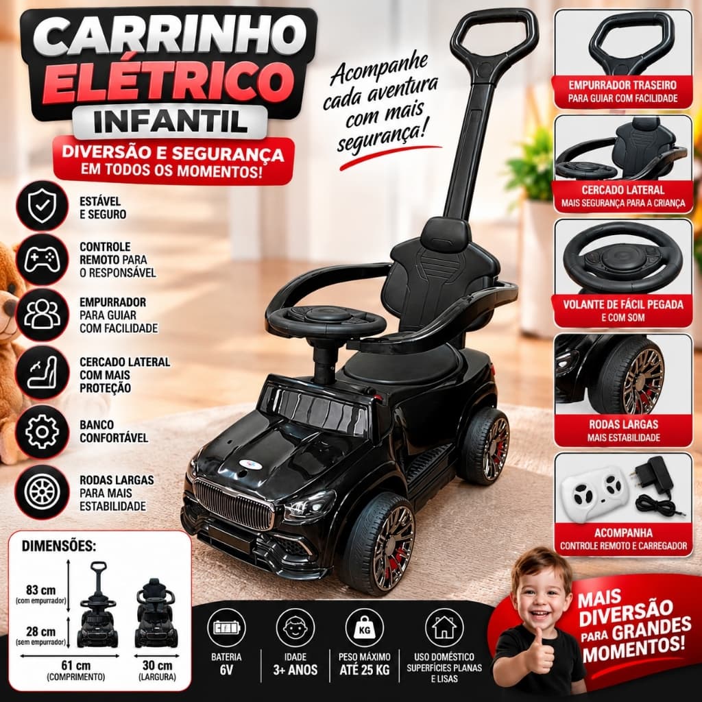 Carro Elétrico Infantil Preto Bateria Carrinho Passeio Empurrador Alça Conforto Segurança Diversão
