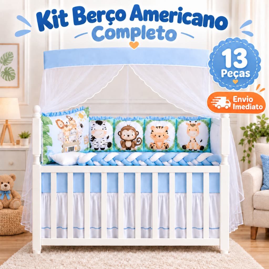 Kit Berço Safari 13 Peças Enxoval Completo Quarto Do Bebê Menino e Menina