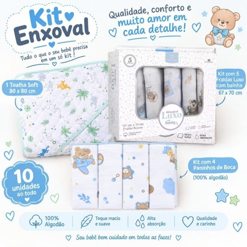 Kit Enxoval 5 Fralda bordada + 4 Pano Boca +1 Toalha Soft Bebê Recém nascido maternidade neném presente chá de berço rn