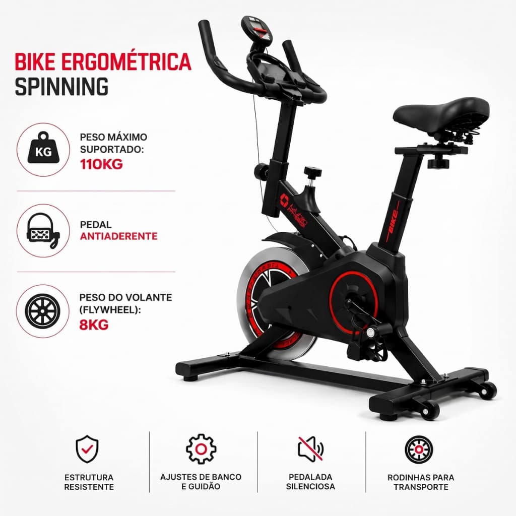 Bicicleta Ergométrica Spinning Bike Indoor Display LCD Roda Inércia 8kg Aço Dobrável Suporta 110kg Fitness Residencial