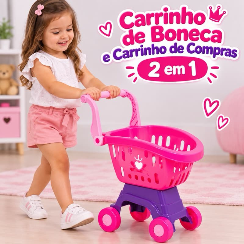 Carrinho Para Boneca Passeio Bebê Reborn Carrinho De Compras 2 em 1 Rosa