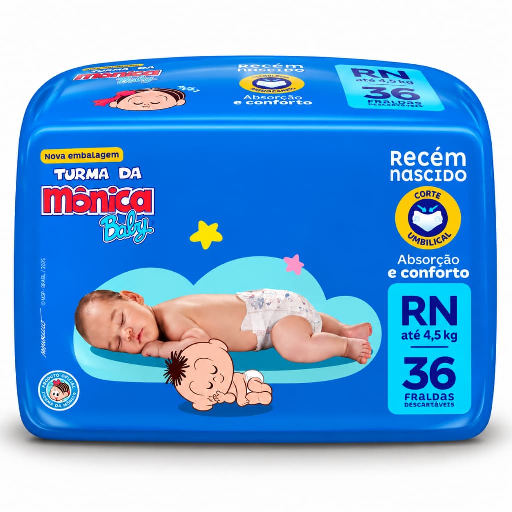 Fralda Turma da Mônica Baby RN Recém Nascido 36 Unidades QuatroSec