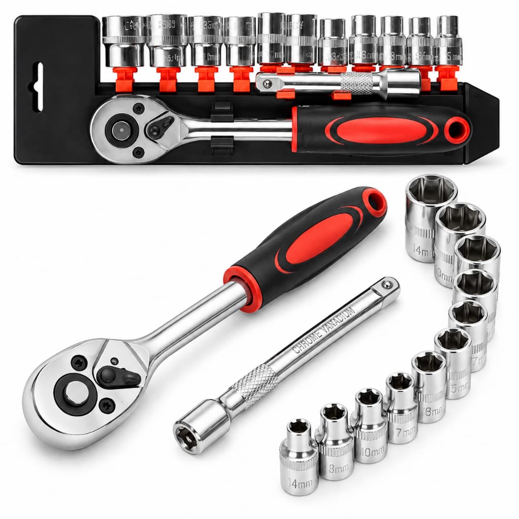 Jogo Chave Catraca 12 Peças Reversível Kit Soquetes 8 a 22mm