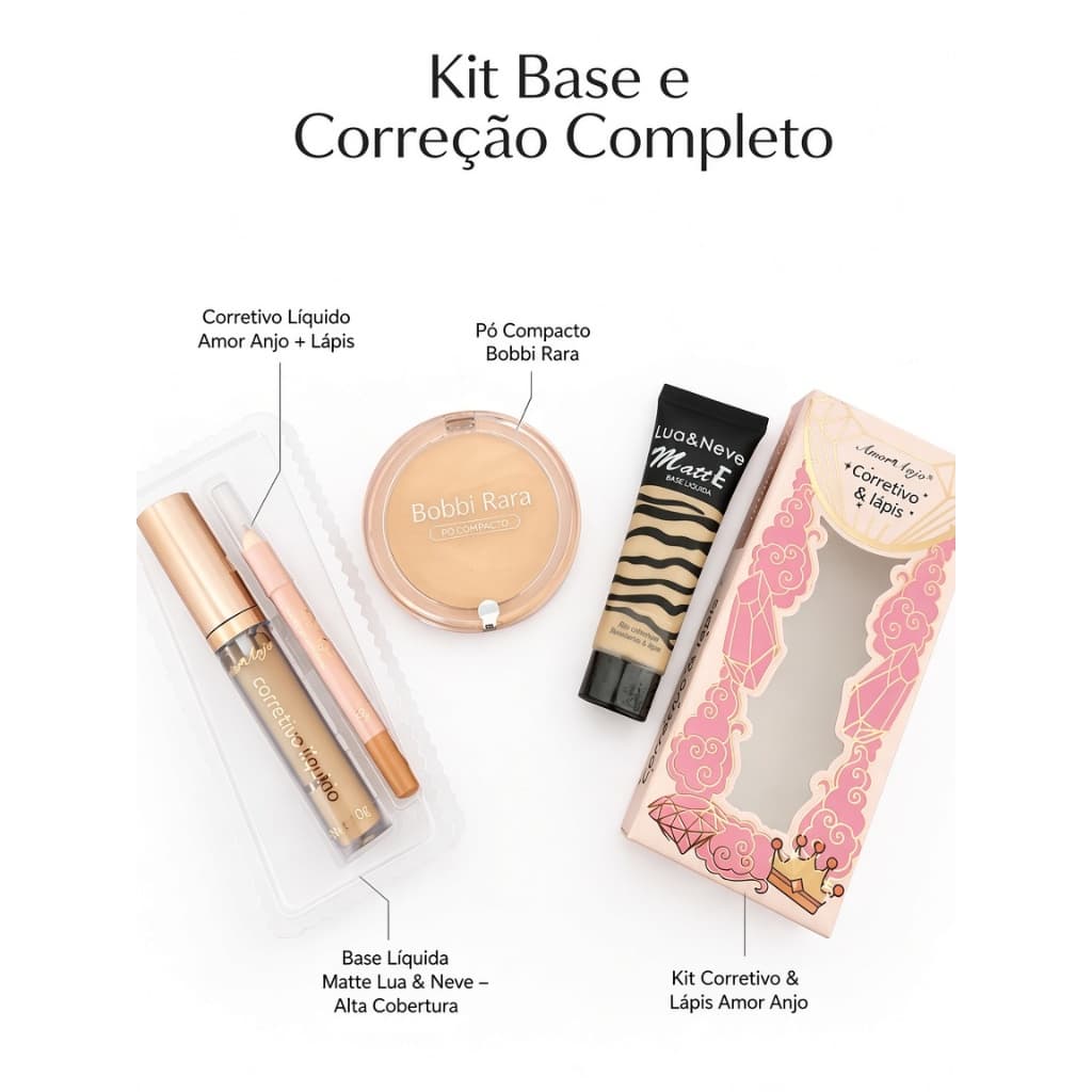 Kit Base e Correção Completo – Base Líquida Matte Lua & Neve + Pó Compacto Bobbi Rara + Corretivo Líquido Amor Anjo + Lá