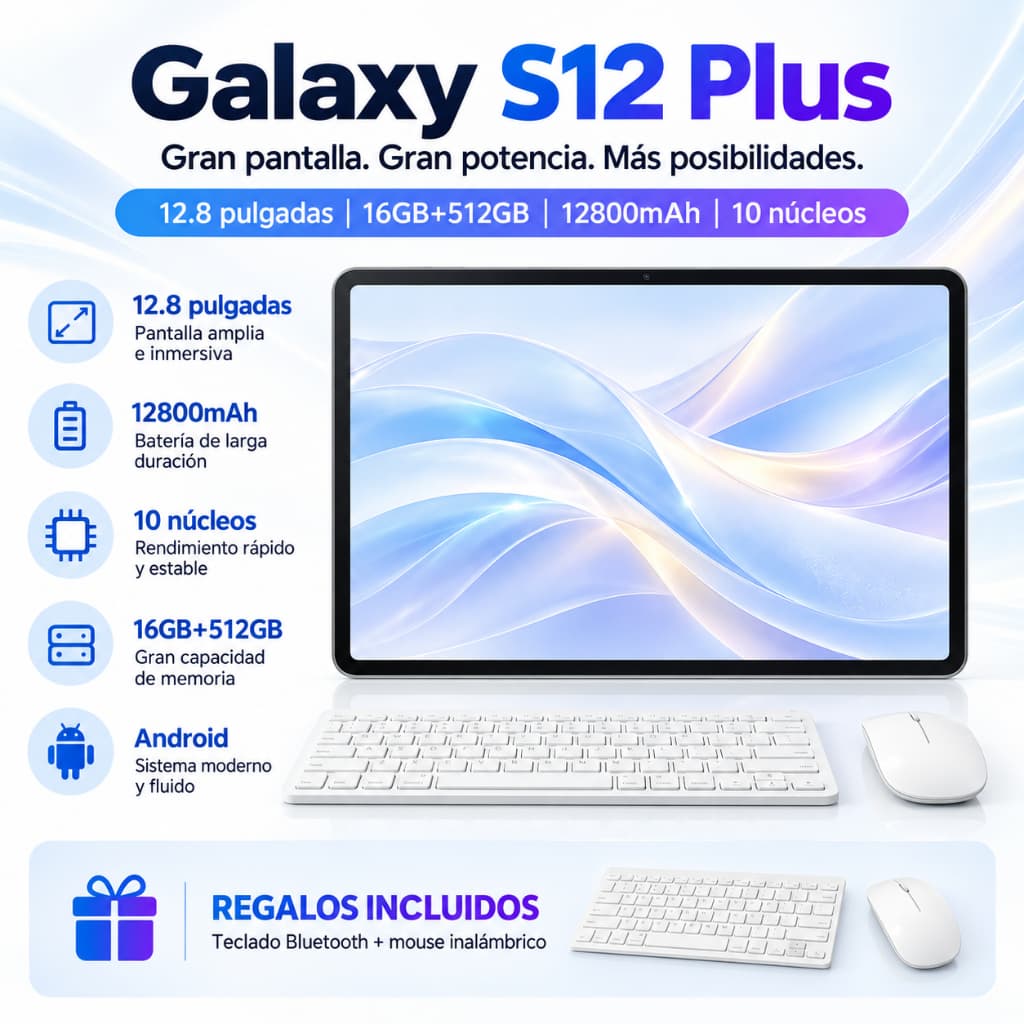 Galaxy Tablet S12 Plus 16GB RAM+512GB  WiFi | Android 15 | Tela FHD 12.8" | 12800mAh 4G/5G LTE