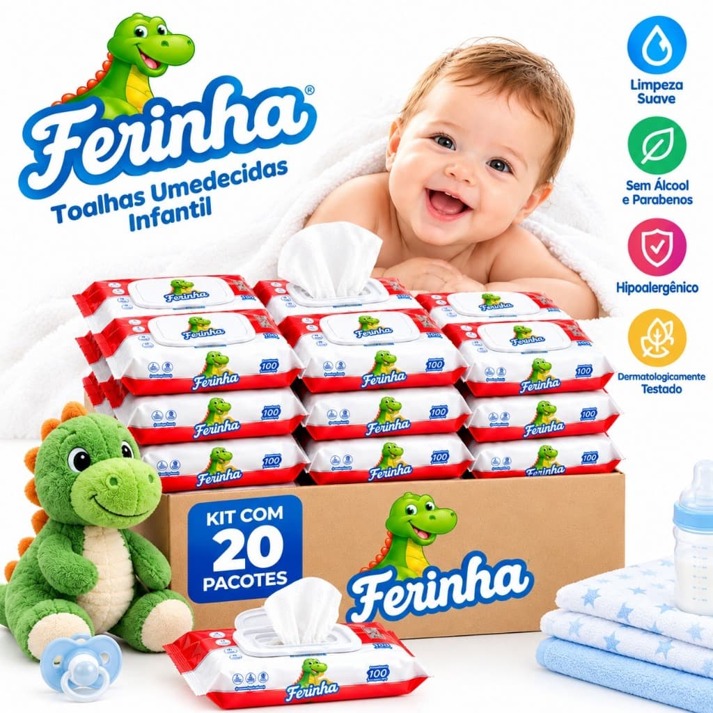 Kit 20 Pacotes Toalha Lenço Umedecido Infantil Ferinha Baby 100 Unidades 19cmx12cm Total 2.000 Lenços Sem Álcool