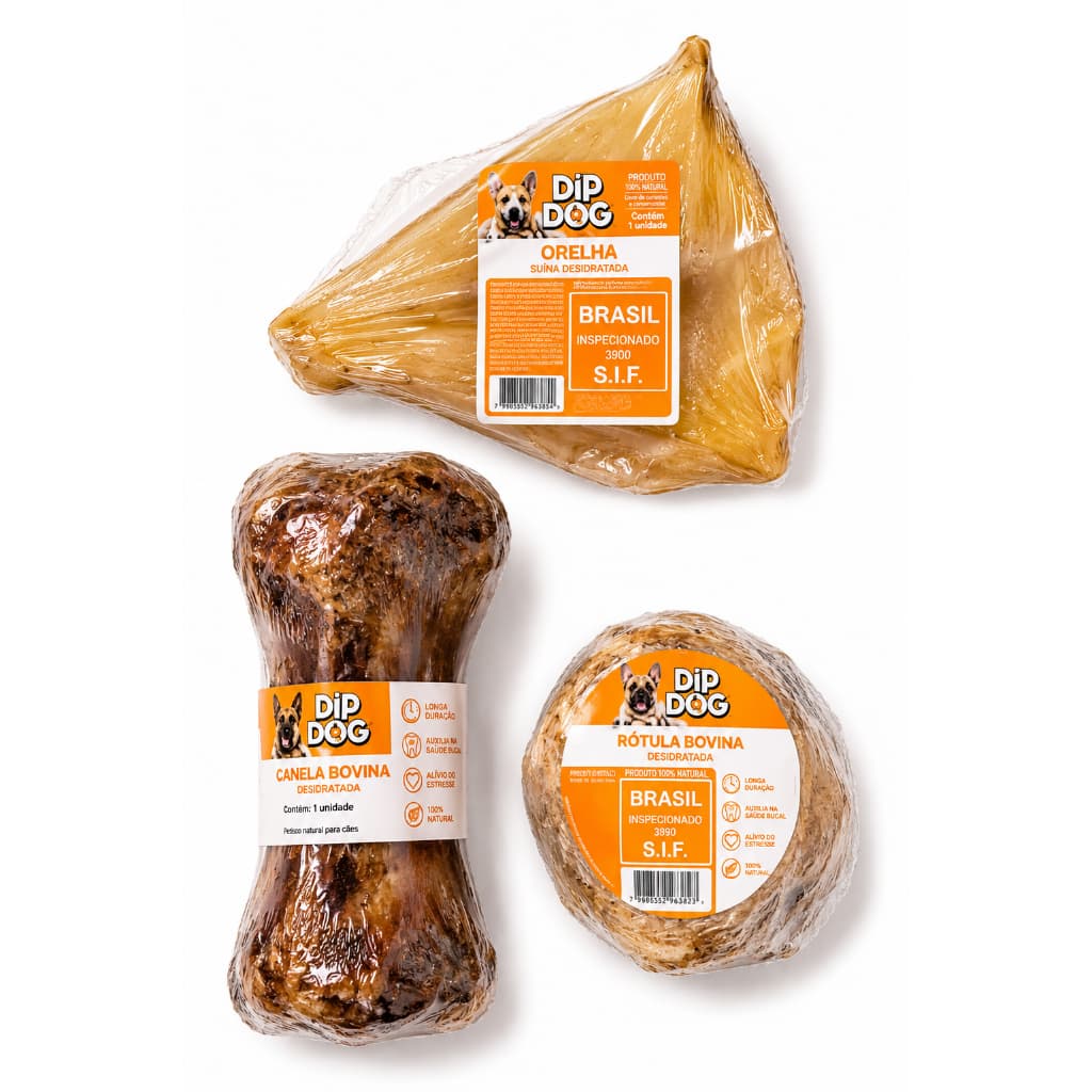 Kit 3 Petiscos Naturais Desidratados Para Cães Mordedores Ósseos Orelha E Rótula Bovina Snacks Saudáveis E Recreativos