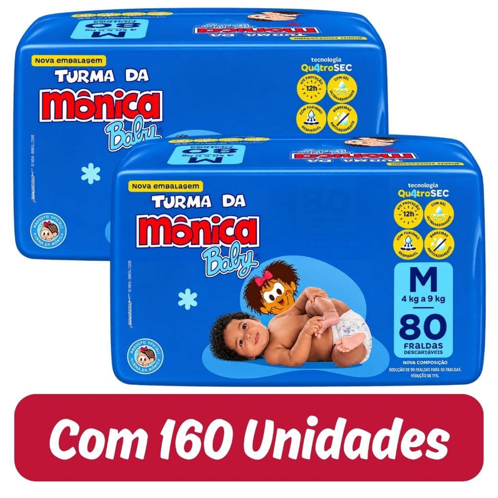 Fralda Descartável Turma da Mônica Baby Giga Tamanho M ( 4 a 9 Kilos) Kit 2 Pacotes com 160 Fraldas