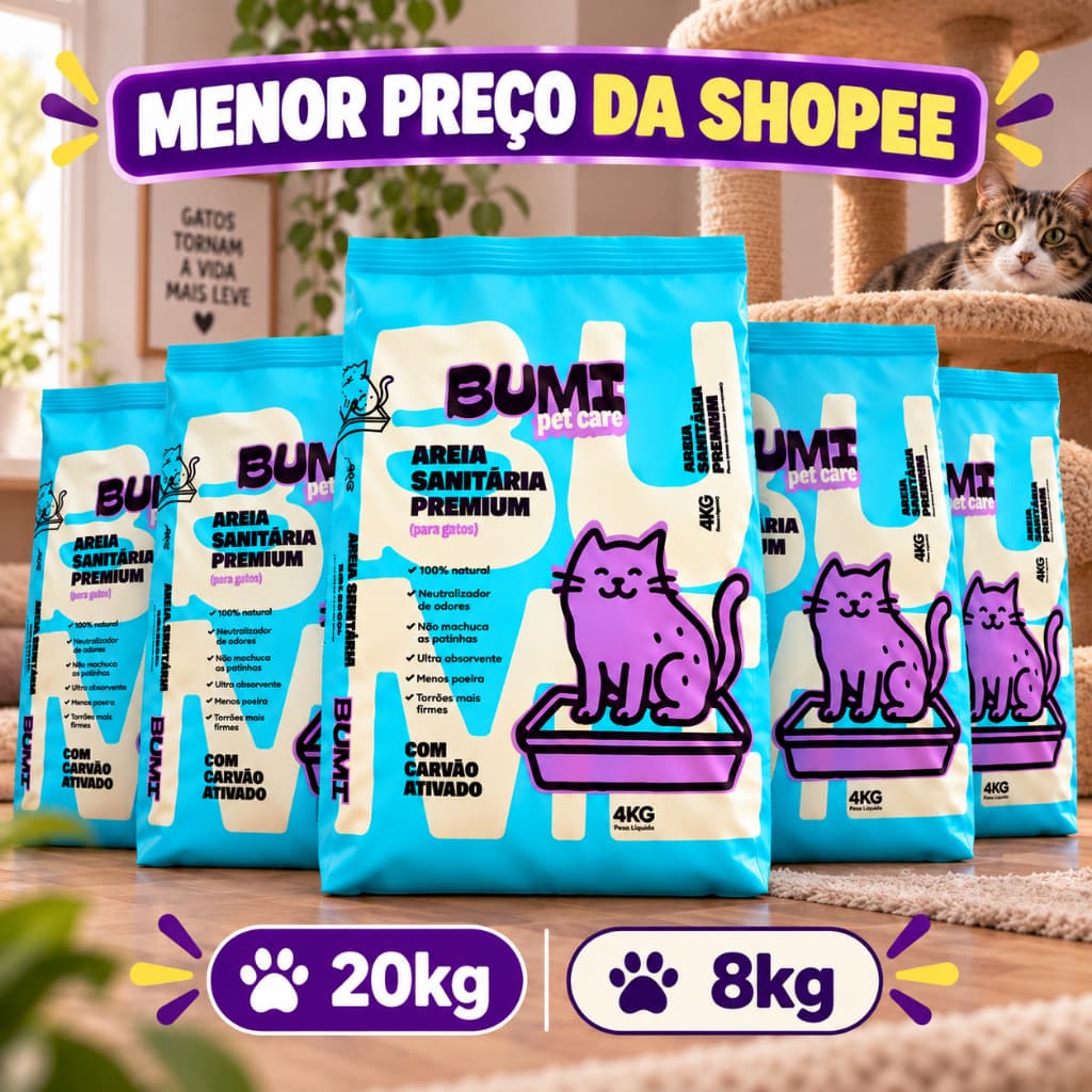 Kit Areia Sanitária Biodegradável Esmectita com Carvão Ativado 4kg Bumi Pet Care