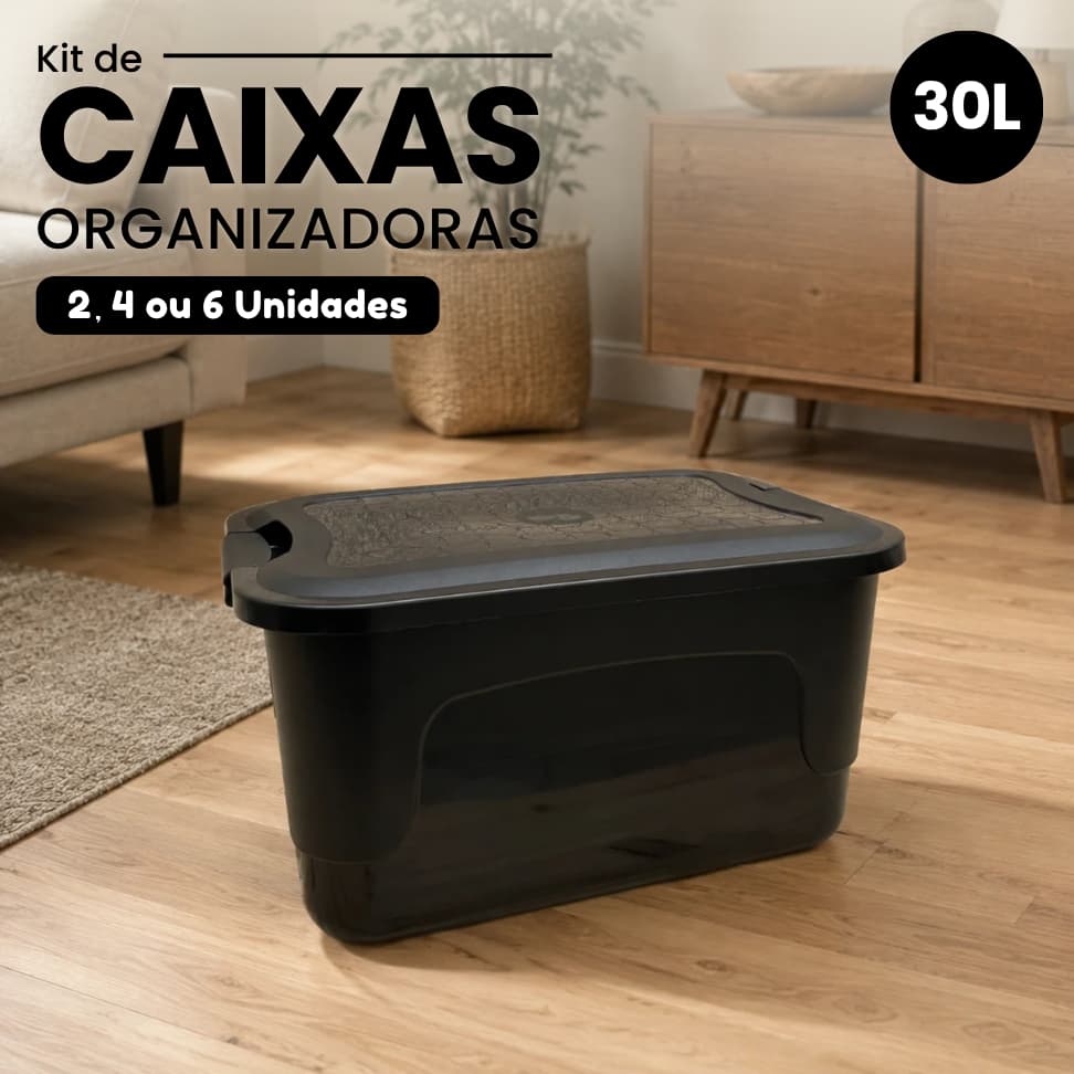 Kit 2 a 6 Caixas Organizadoras de 30L Preta com Tampa e Trava Multiuso para Casa Quarto Cozinha Lavanderia