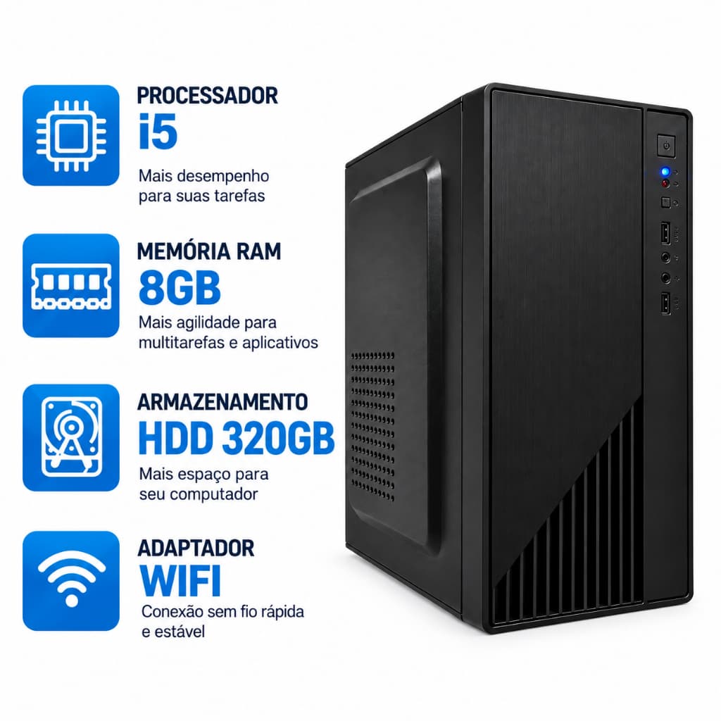 Desktop Novo Computador Intel i5 8Gb Ram Ddr3 HD 320GB Cpu Torre Com Wifi Cabo De Força