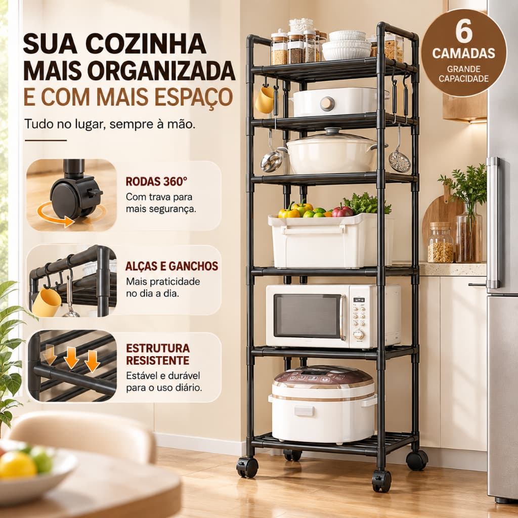Estante Organizadora Multiuso 6 Prateleiras com Rodinhas para Cozinha, Sala, Quarto e Lavanderia até 40kg