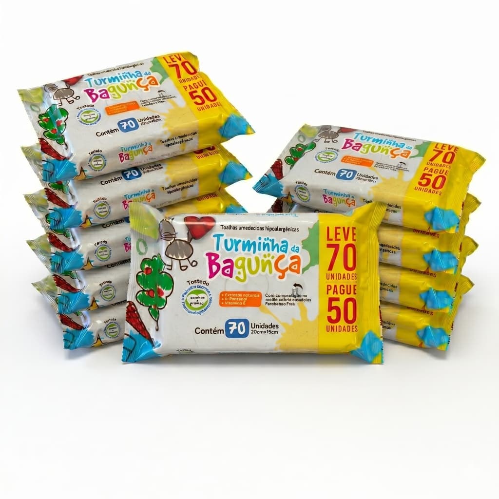 Kit 10 Pacotes Toalhas umedecidas para bebê Turminha da Bagunça 70 Folhas | Kit lenço umedecido bebê