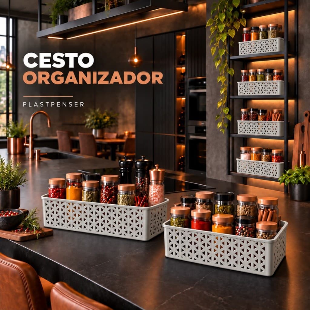 Conjunto 10 Cestos Organizadores Multiuso Plástico Branco Cinza Preto para Cozinha Banheiro Armário Gaveta