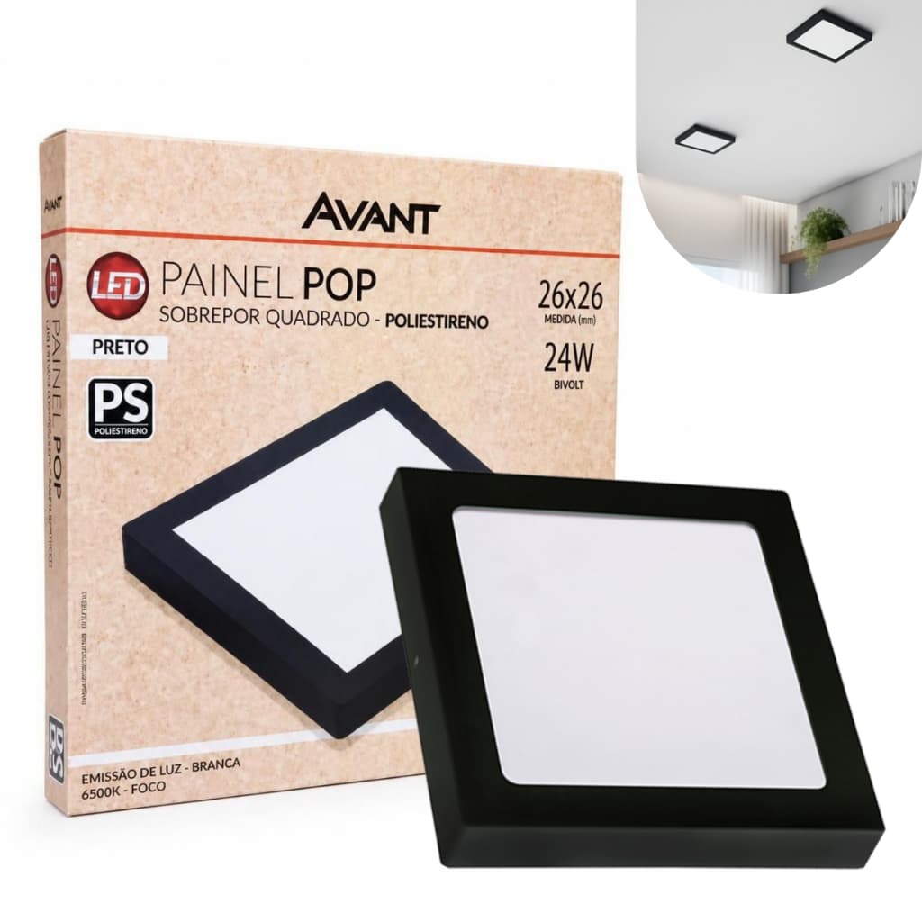 Luminária Painel Plafon Led 24W Preto Quadrado Sobrepor Avant Branco Frio 6500K Bivolt