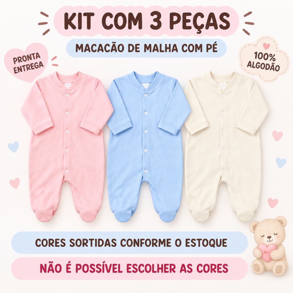 Kit 3 Macacão Malha Liso Bebê com pe Menina/Menino unissex