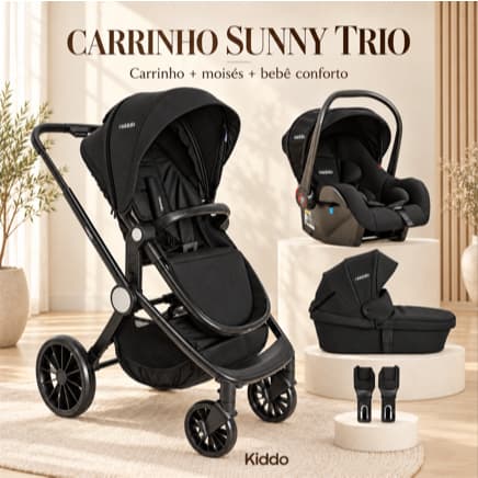 Carrinho Sunny Kiddo + bebê conforto + moises + adaptadores + base pra carro