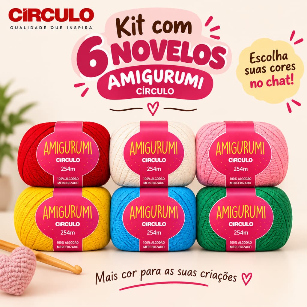 Fio Amigurumi Kit Com 6 Novelos Linha Para Crochê 100% Algodão Circulo