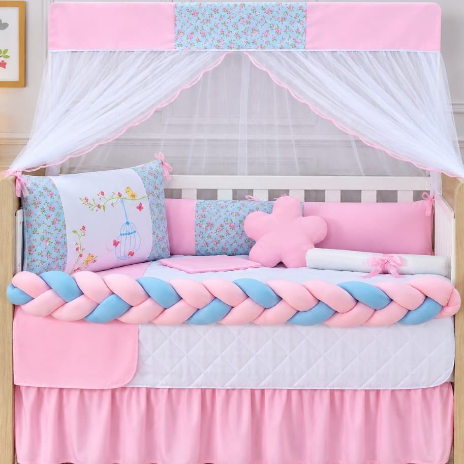Kit Berço Americano Completo Para Menina 11 Peças Enxoval Algodão Decorado