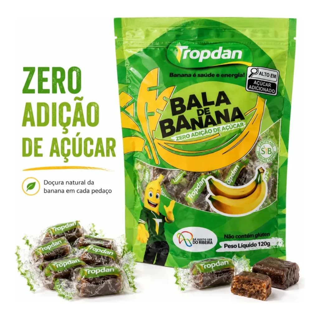 Kit 3 Bala de Banana sem Adição de Açúcar 120g Tropdan Saudável Natural Vegano Pré-treino 100% Banana