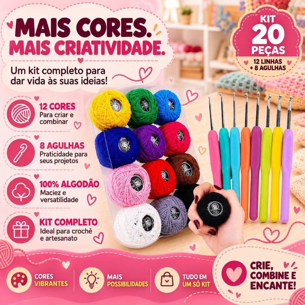 Kit Crochê Completo 12 Linhas Coloridas 100% Algodão + 8 Agulhas Ergonômicas Amigurumi Iniciante -SP