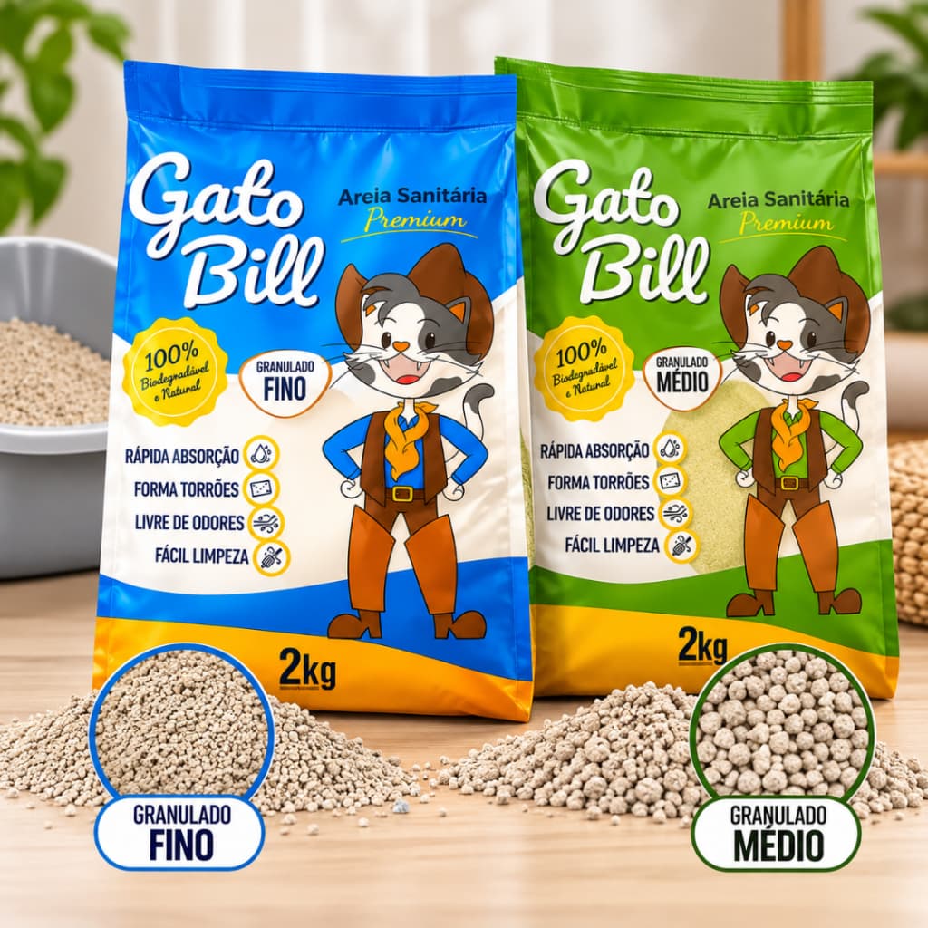 Areia Sanitária Gato Bill Premium 2kg Biodegradável Sem Odor Granulado Fino Médio Gatos