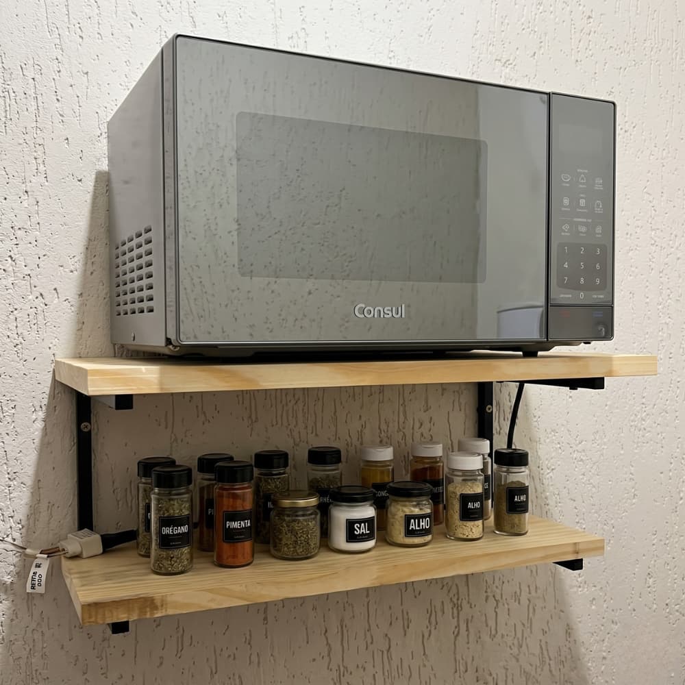 Suporte Microondas Forno Air Frier Prateleira de Parede Nicho Industrial Multiuso 50cm e 60cm Madeira Pinus e Metalon