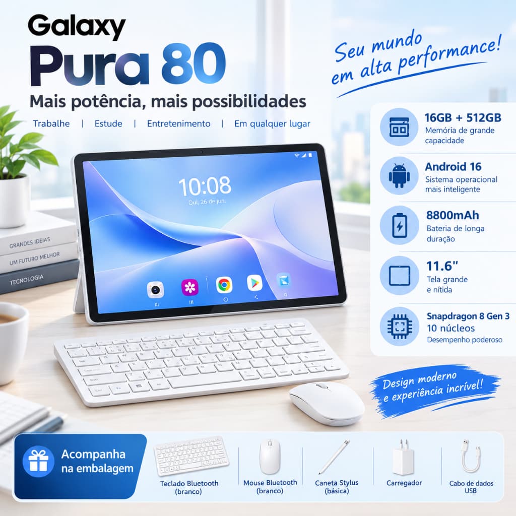 Tablet Galaxy Pura80 | 16GB + 512GB | Android 16 | 11.6" FHD Screen | 8800mAh Snapdragon 8 Gen 3 5G Presente de Natal
