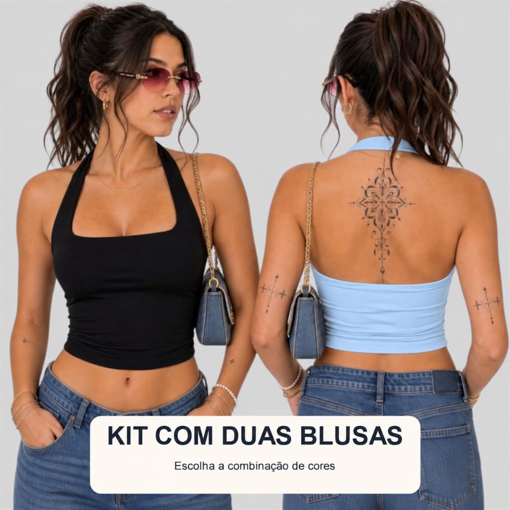 Kit 2 Blusas Frente Única Forrada Suplex Halter Decote Quadrado Academia