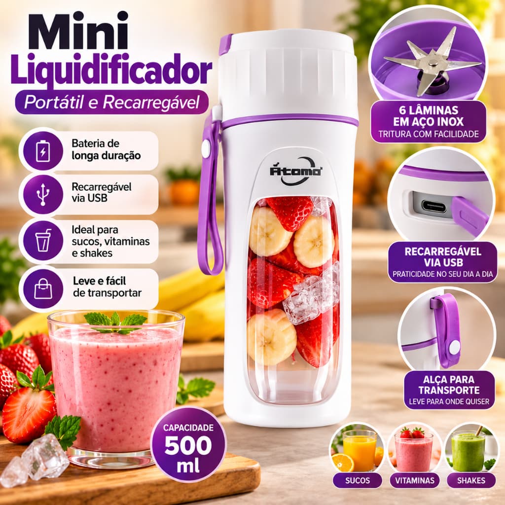 Mini liquidificador / processador Portátil 500ml MUITO POTENTE 8 Lâminas, Recarregavel. Acompanha cabo USB