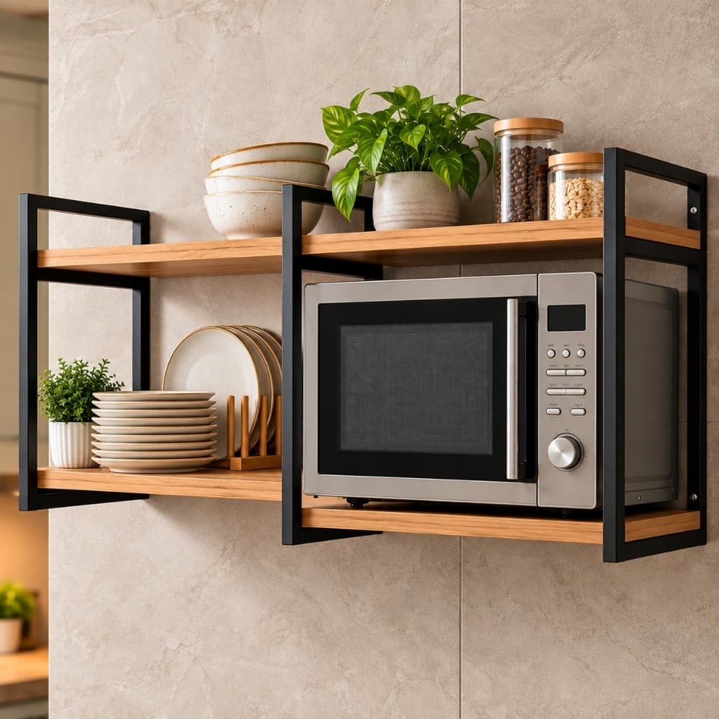 Prateleira Industrial Dupla para Microondas e Air Fryer 115x30cm Suporte de Parede para Cozinha