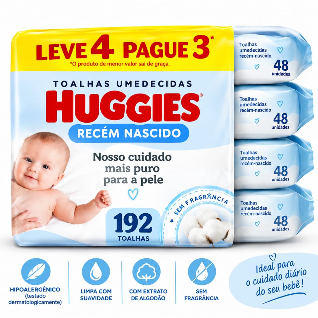 Kit Lenço Umedecido Huggies Premium Recém-Nascido 192 Unidades Hipoalergênico para Bebê