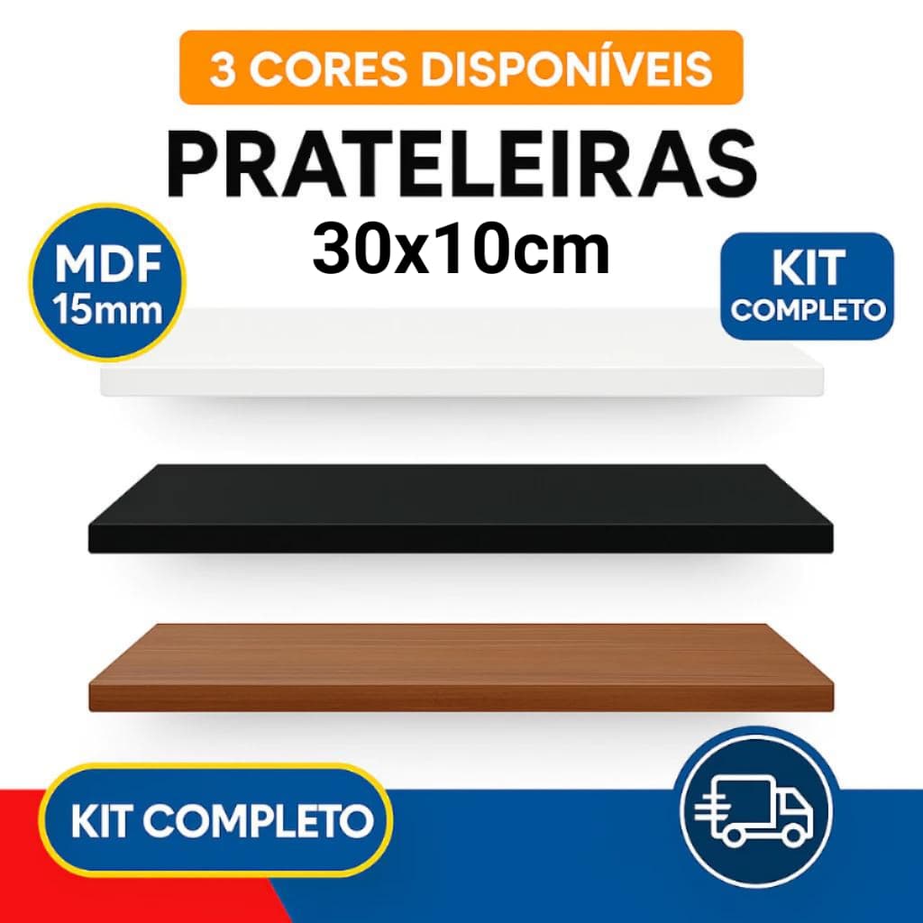 Prateleira 30x10cm Organizadora de Parede MDF 15MM para Quarto Cozinha Sala Banheiro com Suporte Branca Preta Freijó