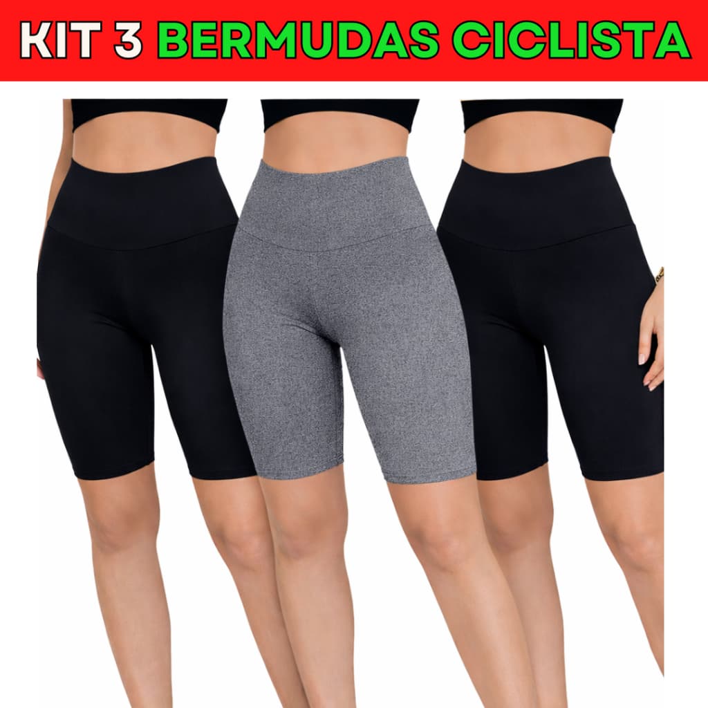 Kit 3 Shorts Bermuda Ciclista Feminina Suplex Academia Fitness