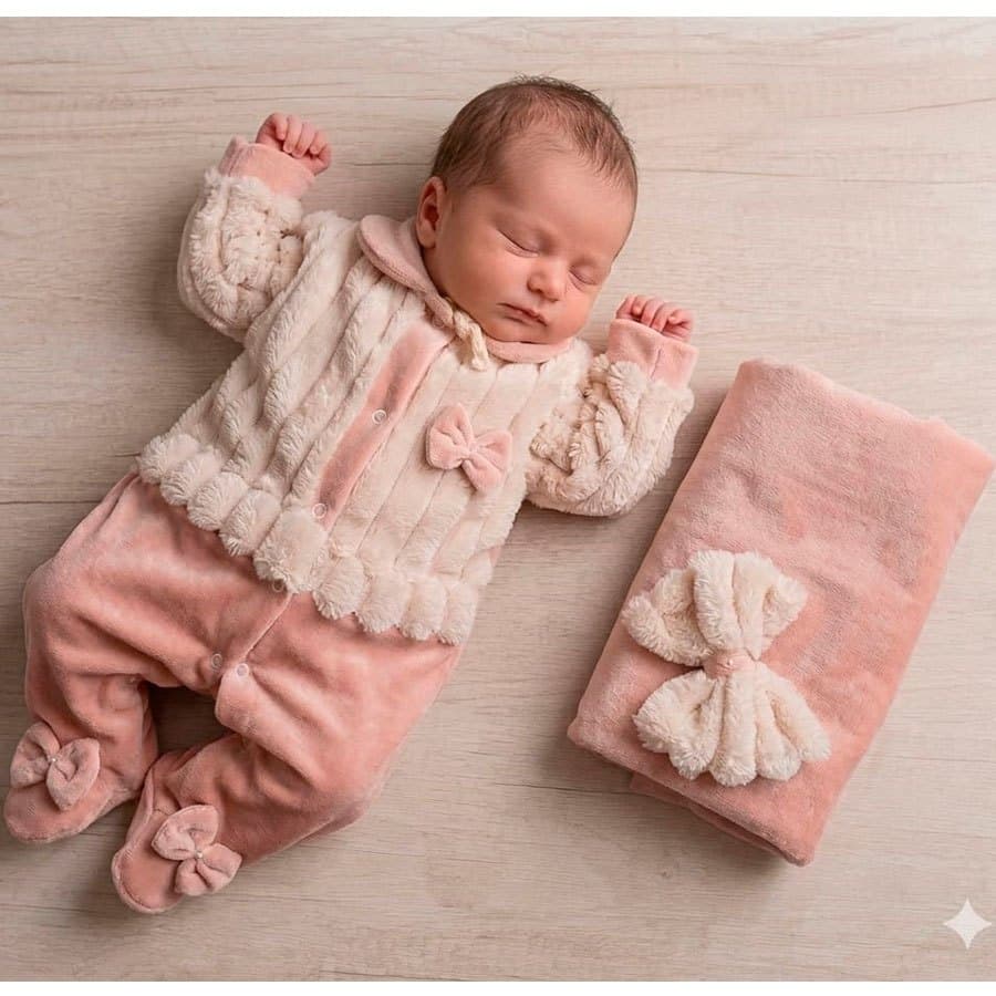 Saida de Maternidade Bebê Menina Plush Inverno Sintonia Alice Rosê com Manta