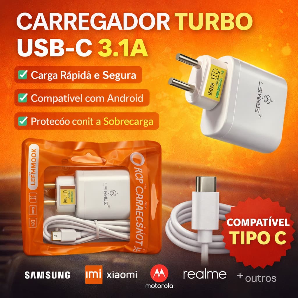 Carregador Turbo 3.1A Tipo C + Cabo USB-C LEHMOX Carregador Rápido Android Samsung Xiaomi Motorola