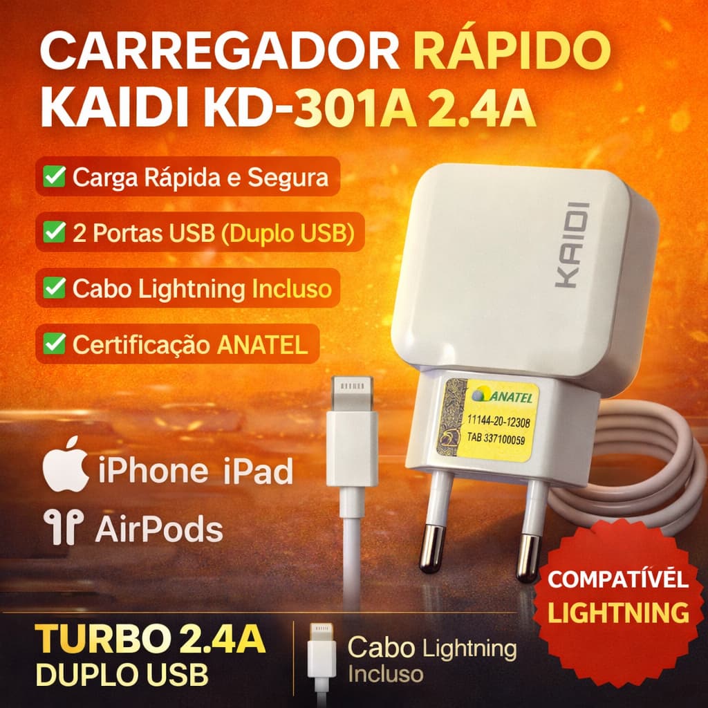 Carregador Rápido KAIDI KD-301A 2.4A Duplo USB + Cabo Lightning iPhone Carregador Turbo Celular