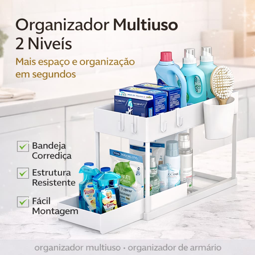 Organizador Multiuso 2 Andares com Bandeja Corrediça Organizador de Cozinha Armário e Banheiro