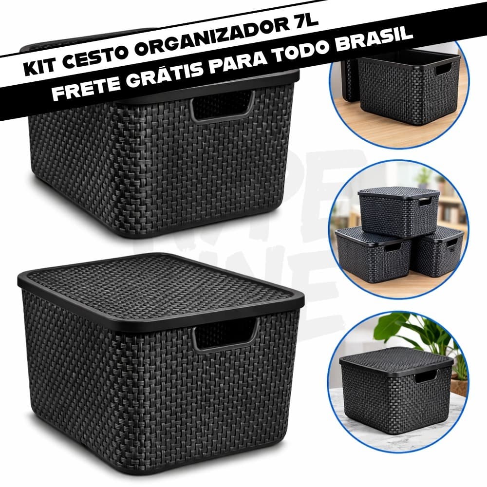 Caixa Organizadora Rattan 7L Com Tampa Cesto Organizador Multiuso Para Armário Cozinha Banheiro