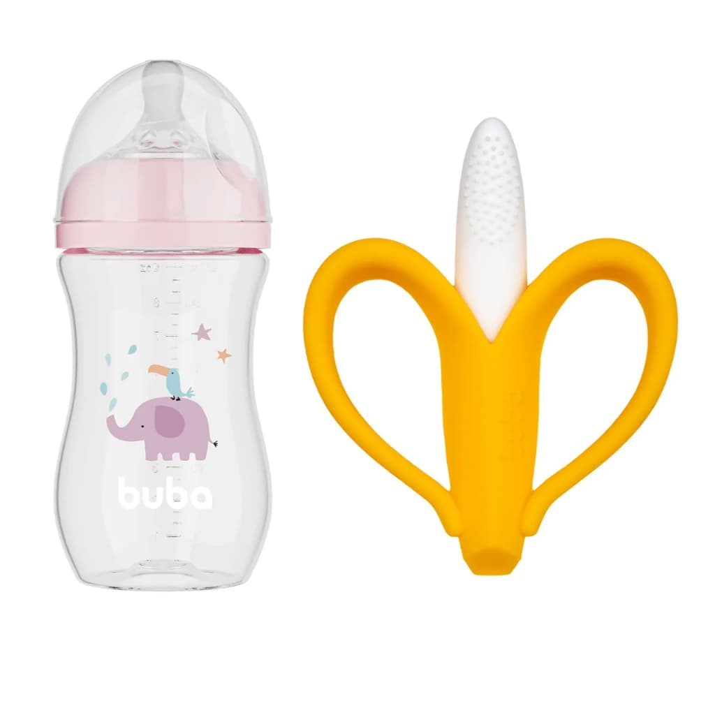 Kit Bebê Buba: Mamadeira Easy Flow 270ml Elefante Rosa + Massageador Gengiva Banana Silicone