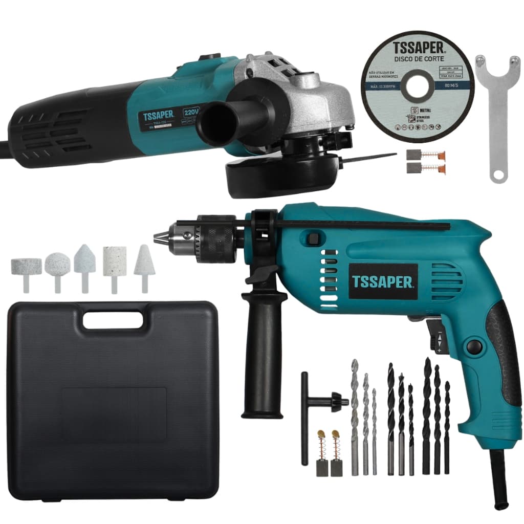 Kit Completo 2 em 1 Furadeira de Impacto e Esmerilhadeira Elétrica Maleta e Acessórios Tssaper