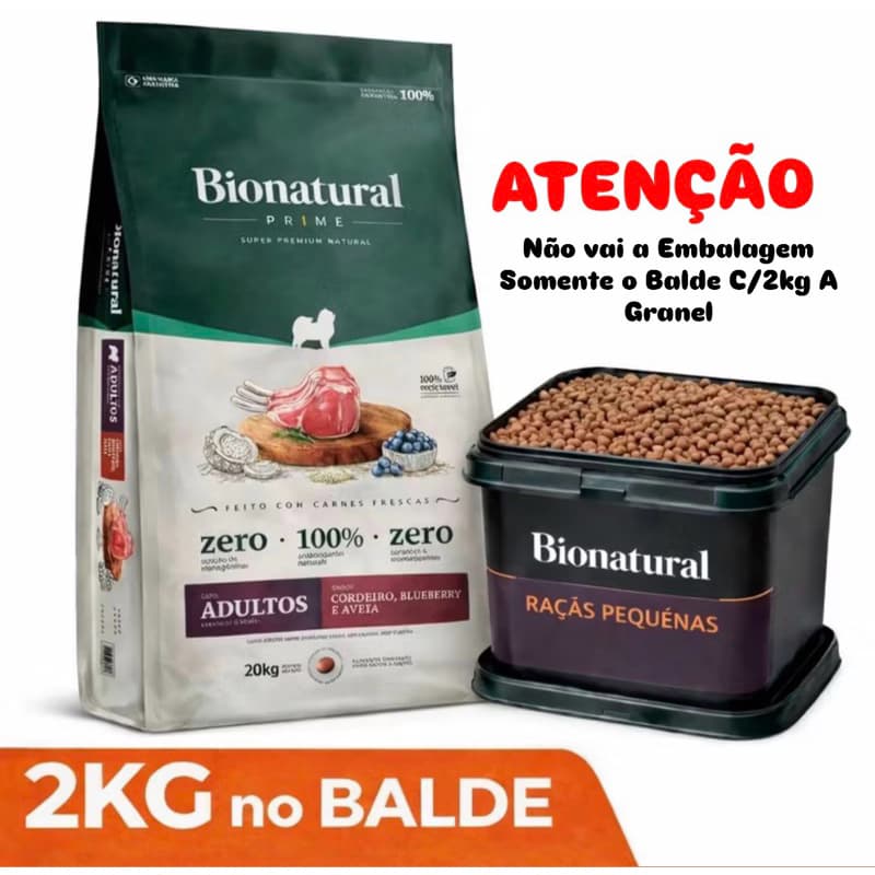 Ração Bionatural Prime vai 2Kg no Balde Cães Adultos Raças Pequenas Cordeiro Blueberry, Coco e Aveia