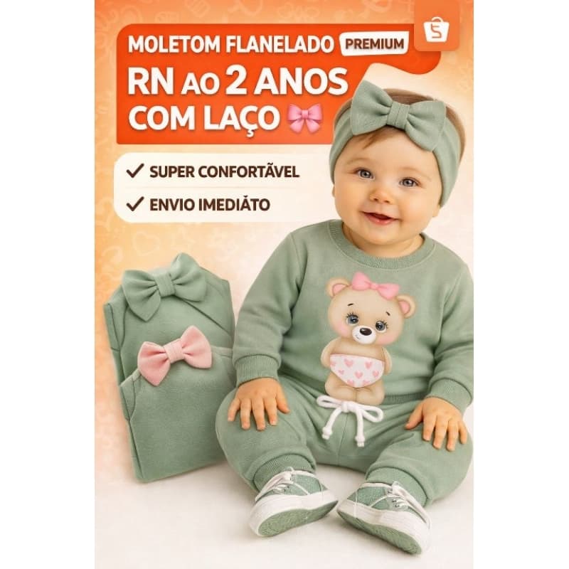 Conjunto  Com Laço Moletom Flanelado Bebê Menina