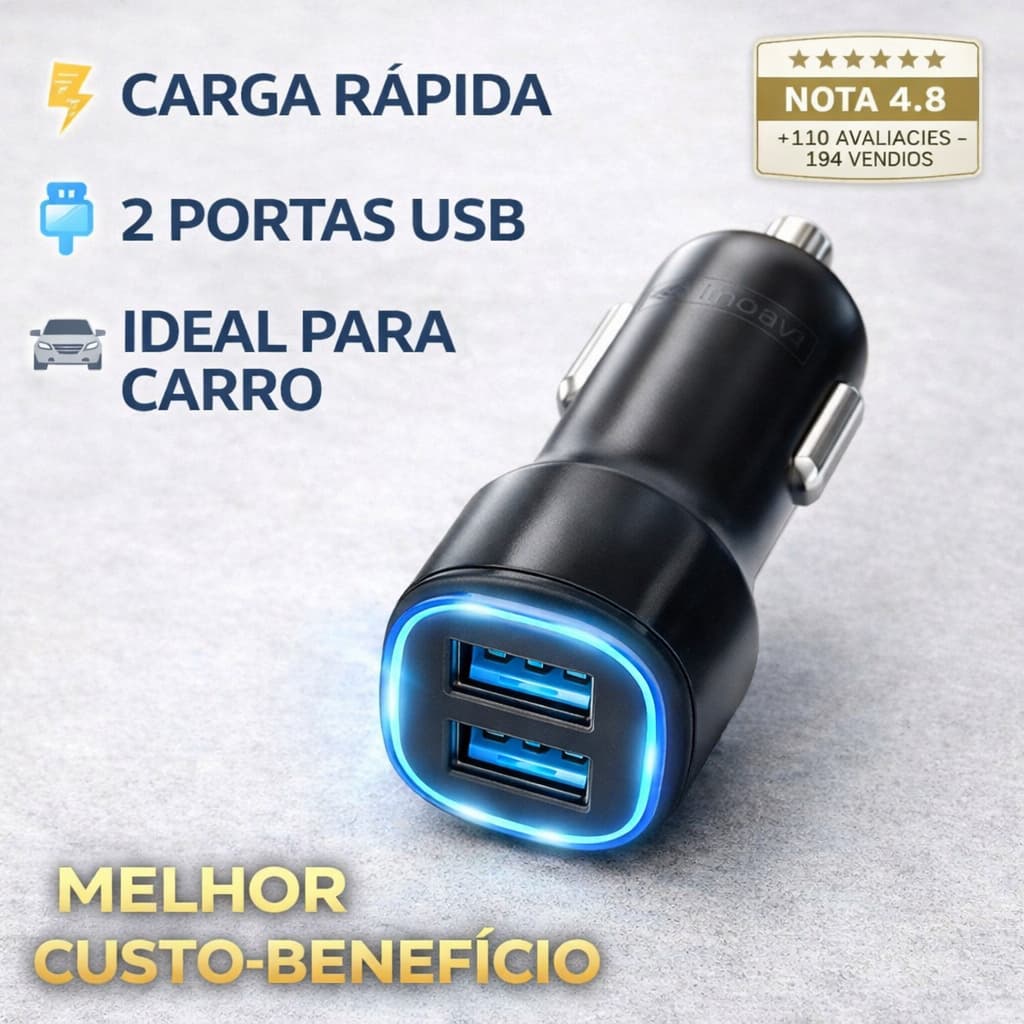 Carregador Veicular Turbo Rápido  2 entradas USB para Carro - Alta Performance e Seguro