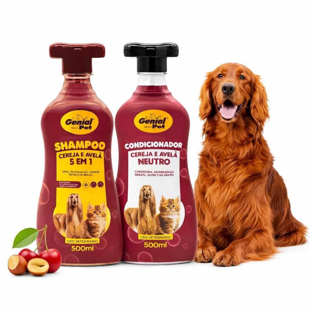 Shampoo e Condicionador Cereja e Avelã  500 ML Para Cães e Gatos Genial Pet