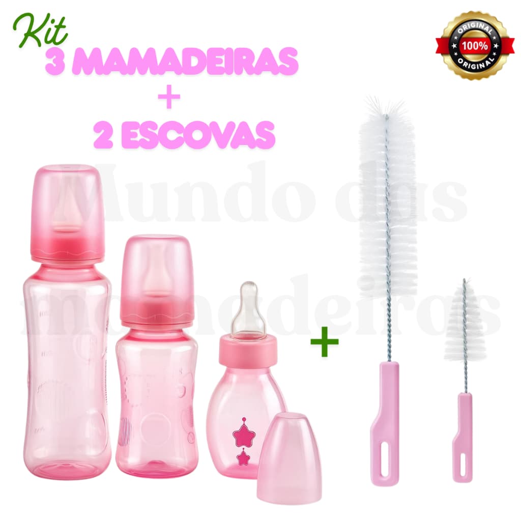 Kit Completo para Bebê 3 Mamadeiras + 2 Escovas para limpeza