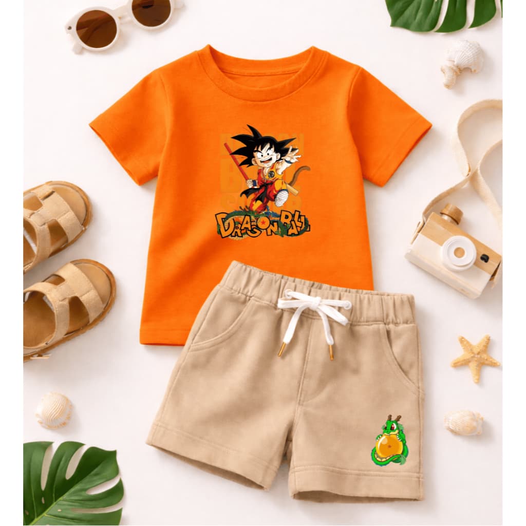 Conjunto Infantil Juvenil Menino-Goku Criança, Camiseta 100% Algodão e Bermuda Moletom Resistente Confortável Estampados