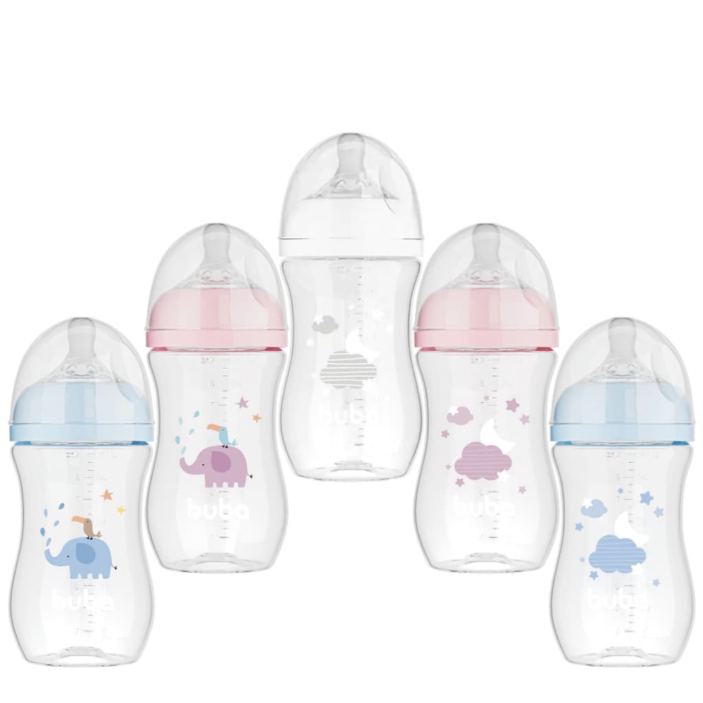 Mamadeira Anticólica Easy Flow Buba 270 ml, Nuvem ou Elefante, Bico Confortável e Sedoso