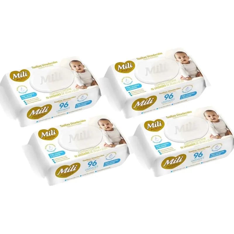 Kit  4 Toalhas Umedecidas Mili Love e Care com 96un cada Lenços Umedecidos