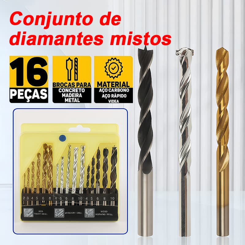 Kit de Brocas Multiuso com 16 Peças - Brocas para Metal, Concreto e Madeira, Ideal para Parafusadeira e Furadeira